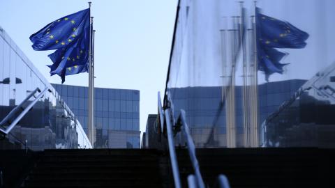 EU flags fly in front of the Berlaymont, the EU Commission headquarter, on February 17, 2025, in Brussels, Belgium. (Getty Images)