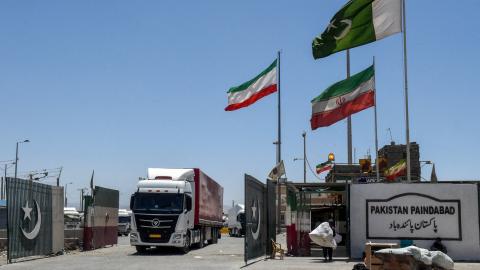 Iranian cargo trucks cross into the Pakistan-Iran border at Taftan, Balochistan, on June 18, 2025. (Getty Images)