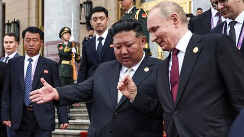 Russia’s President Vladimir Putin and North Korea’s leader Kim Jong Un leave after a meeting in Beijing on September 3, 2025. (Getty Images)