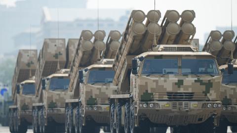 Military vehicles transport rocket launchers past Tian'anmen Square on September 3, 2025 in Beijing, China. (Getty Images)