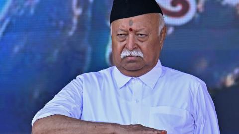Mohan Bhagwat attends the centenary celebrations of Rashtriya Swayamsevak Sangh at Reshimbagh Ground in Nagpur on October 2, 2025. (Getty Images)