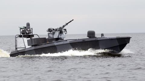The Security Service of Ukraine presents the next-generation multipurpose Sea Baby unmanned surface vehicle to the media in Ukraine on October 17, 2025. (Getty Images)