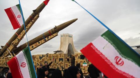 Missiles produced by Iran’s armed forces are displayed during celebrations at Azadi Square in Tehran, Iran, on February 11, 2026. (Getty Images)