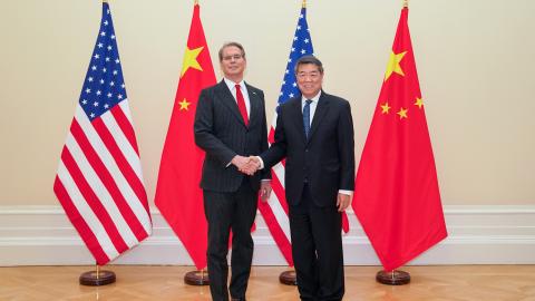 Chinese Vice Premier He Lifeng shakes hands with United States Treasury Secretary Scott Bessent prior to their talks in Paris, France, March 15, 2026. (Getty Images)