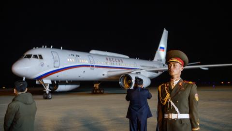 A plane carrying Russia’s Minister of Internal Affairs Vladimir Kolokoltsev and an accompanying delegation arrives at Pyongyang International Airport on April 20, 2026. (Getty Images)
