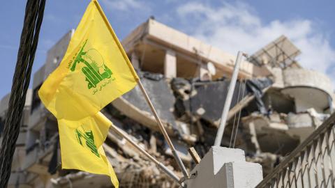 Hizballah flags flutter near damaged buildings in Beirut's southern suburb of Dahieh, Lebanon, on May 6, 2026. (Getty Images)