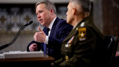 US Army Secretary Dan Driscoll (left), accompanied by Army Vice Chief of Staff Gen. Christopher LaNeve (right), speaks during a Senate Armed Services Committee hearing on Capitol Hill on May 12, 2026.(Getty Images)