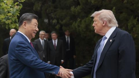 United States President Donald Trump shakes hands with China's President Xi Jinping as he leaves after a visit to Zhongnanhai Garden in Beijing on May 15, 2026. (Getty Images)