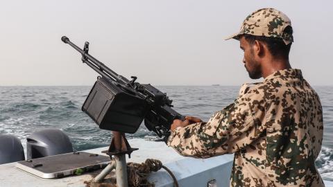 A sailor from the navy of Yemen's Aden-based internationally recognised government aboard a vessel patrolling a shipping lane off Hanish Island in the Red Sea on July 27, 2026. (Getty Images)
