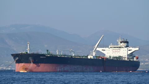 The crude oil tanker Giannis unloads its cargo of Middle Eastern crude at the Agioi Theodoroi Motor Oil Terminal near Corinth, Greece, on August 24, 2026. (Getty Images)