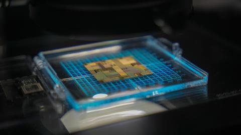 A semiconductor wafer with patterned circuits is shown inside equipment at SEMICON Taiwan in Taipei on September 2, 2026. (Getty Images)