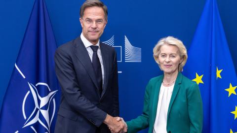 European Commission President Ursula von der Leyen and NATO Secretary General Mark Rutte shake hands during a press statement at the EU headquarters on September 2, 2026, in Brussels, Belgium. (Getty Images)