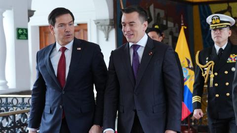 US Secretary of State Marco Rubio is welcomed by Ecuador’s President Daniel Noboa at Carondelet Palace in Quito on September 9, 2026. (Getty Images)
