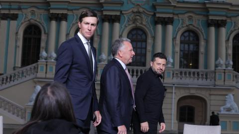 United States Special Envoy Steve Witkoff, Jared Kushner, and Ukrainian President Volodymyr Zelenskyy participate in a joint press conference after talks on September 6, 2026, in Kyiv, Ukraine. (Getty Images)