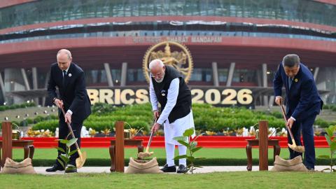 Indian Prime Minister Narendra Modi and other BRICS leaders participate in a joint tree-planting ceremony on the lawns on the sidelines of the 18th BRICS Summit at Bharat Mandapam in New Delhi, India, on September 12, 2026. (Getty Images)