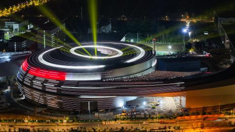 The Burning Plasma Experimental Superconducting Tokamak (BEST) facility, which will house a compact fusion experiment device, undergoes its first exterior lighting test on September 9, 2026, in Hefei, China. (Getty Images)