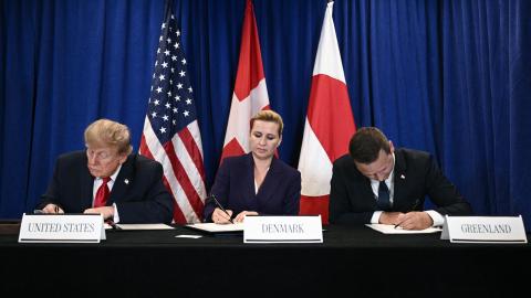US President Donald Trump, Denmark’s Prime Minister Mette Frederiksen and Greenland’s Prime Minister Jens-Frederik Nielsen sign a trilateral security deal on the sidelines of the 81st United Nations General Assembly in New York on September 22, 2026. (Getty Images)