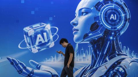 A visitor walks by a billboard at the PT Expo on September 22, 2026, in Beijing. (Getty Images)
