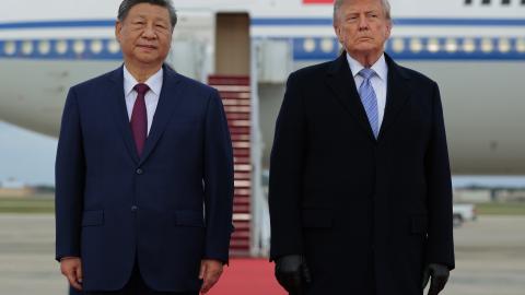US President Donald Trump and Chinese President Xi Jinping look on during an arrival ceremony on September 23, 2026, at Joint Base Andrews in Maryland. (Getty Images)