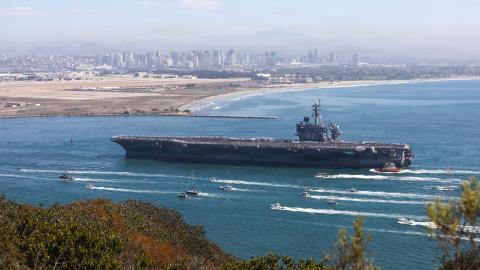 The USS Abraham Lincoln returns to its home port of San Diego on October 10, 2026, following a 10-month deployment to US Fifth and Seventh Fleet areas of operations. (US Navy)