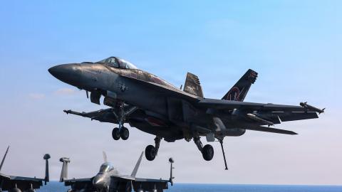 An F/A-18E Super Hornet prepares to make an arrested landing on the flight deck of the USS Abraham Lincoln in the Arabian Sea on January 30, 2026. (US Navy)