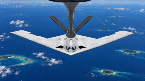 AI-generated image, using a US Air Force photo of B-21 Raider rendezvousing with a KC-135 Stratotanker for aerial refueling near Edwards Air Force Base in California on April 14, 2026, as a reference.