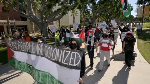 LA F.U.E.R.Z.A, an advocacy group, marched through the campus of California State University Long Beach for a Day of Resistance protest for Palestine on October 10, 2023. (Getty Images)