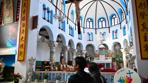 People visit the Baoding Catholic Church in Baoding, China's northern Hebei province, on April 22, 2025. (Getty Images)