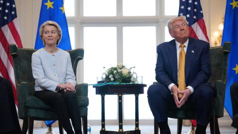 President of the European Commission Ursula von der Leyen meets with US President Donald Trump at Trump Turnberry golf club on July 27, 2025, in Turnberry, Scotland. (Getty Images)
