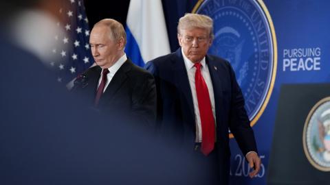 US President Donald Trump and Russian President Vladimir Putin arrive for a press conference at Joint Base Elmendorf-Richardson on August 15, 2025, in Anchorage, Alaska. (Getty Images)