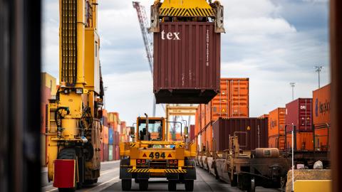 Shipping containers are seen in the Port of Montreal in Montreal, Quebec, on August 23, 2026. (Getty Images)