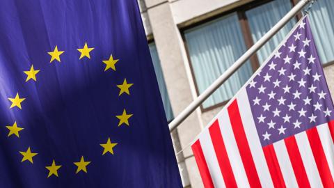 The flag of the European Union hangs beside the flag of the United States outside an office building in Dublin, Ireland, on September 11, 2026. (Getty Images)