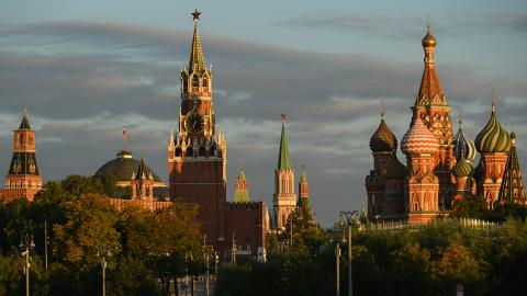 This photograph shows a general view of the Kremlin and St Basil's cathedral during the sunrise taken in central Moscow on September 17, 2026. (Photo by Igor IVANKO / AFP via Getty Images)