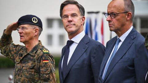 NATO Secretary General Mark Rutte, German Chancellor Friedrich Merz, and Lieutenant General Peter Mirow, commanding general of the 1st German-Dutch Corps, during a visit to the German-Dutch Corps in North Rhine-Westphalia, Münster on October 1, 2026. (Getty Images)