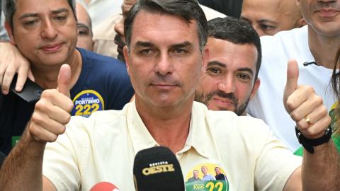 Senator and presidential candidate for the Liberal Party, Flavio Bolsonaro gives thumbs up as he leaves a polling station after voting during the presidential election in Rio de Janeiro, Brazil, on October 4, 2026. (Getty Images)