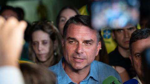 Presidential candidate Flavio Bolsonaro for the Partido Liberal speaks to the press after the votes are tallied on election day on October 4, 2026, in Brasilia, Brazil. (Getty Images)
