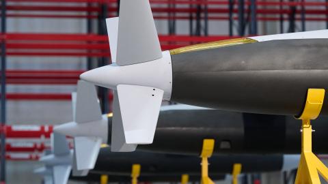 Guided missiles are on display in a production hall at the US defense contractor Covenant in Leipzig on October 5, 2026. (Getty Images)