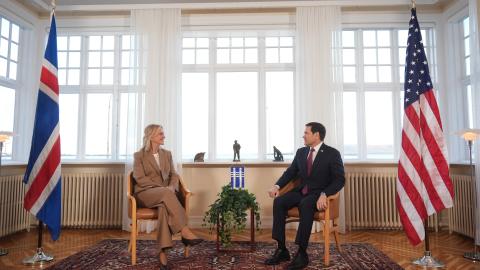 US Secretary of State Marco Rubio speaks with Iceland’s Foreign Minister Thorgerdur Katrin Gunnarsdottir during a tour of Hofdi House as part of a European visit, in Reykjavik on October 6, 2026. (Getty Images)