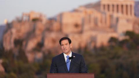 US Secretary of State Marco Rubio speaks at the Pnyx hill, where ancient Athenians held democratic assemblies, with the ancient Parthenon temple atop the Acropolis seen in the background, in Athens on October 7, 2026. (Getty Images)