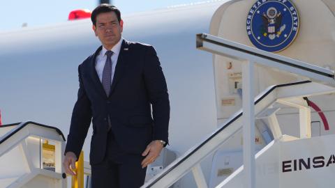 US Secretary of State Marco Rubio disembarks from a plane upon arrival at Lisbon Airport during a three-country European tour on October 8, 2026. (Getty Images)