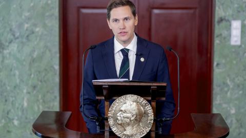 The chairman of the Nobel Committee, Jørgen Watne Frydnes, announces the Nobel Peace Prize 2026 at the Nobel Institute in Oslo, Norway, on October 9, 2026. (Getty Images)