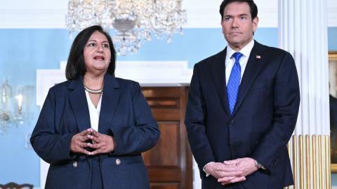 US Secretary of State Marco Rubio looks on as Venezuelan opposition leader Dinorah Figuera talks to members of the press during a meeting at the State Department in Washington, DC on October 9, 2026. (Getty Images)
