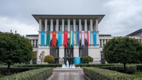 Flags of participating countries hang at the meeting of the Organization of Turkic States (OTS) Council of Foreign Ministers at the Presidential Complex in Ankara, Turkiye, on October 29, 2026. (Getty Images)