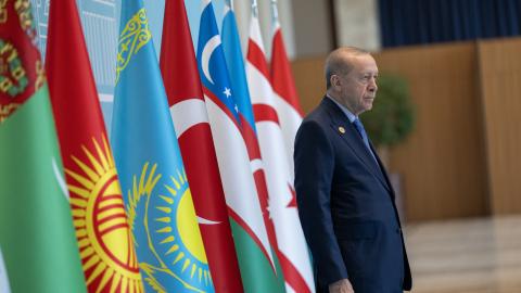 Turkish President Recep Tayyip Erdoğan welcomes leaders attending the Thirteenth Summit of the Council of Heads of State of the Organization of Turkic States in Ankara, Turkiye, on October 30, 2026. (Getty Images)