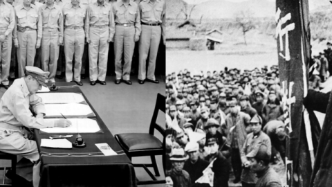 (L) General Douglas MacArthur signs the formal surrender on the USS Missouri in Tokyo Bay, September 2, 1945 (US Navy/Released) (R) Chinese communist guerrilla leader Mao Tse-Tung, November 12, 1944. (Fox Photos/Getty Images)