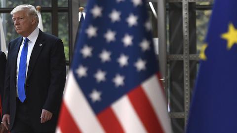 President Donald Trump meeting with EU Chief Jean-Claude Juncker in Brussels on May 25, 2017 (Didier Lebrun/Photonews via Getty Images)