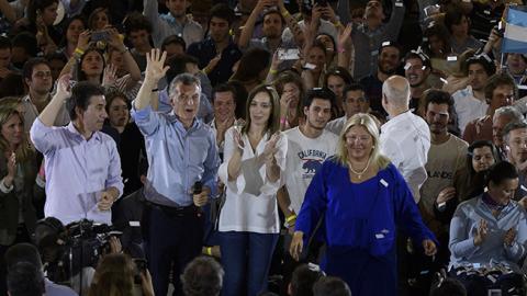 Argentine President Mauricio Macri, Buenos Aires Governor Maria Eugenia Vidal, and Cambiemos party legislator candidate for Buenos Aires city Elisa Carrio in Buenos Aires, October 17, 2017 (JUAN MABROMATA/AFP/Getty Images)