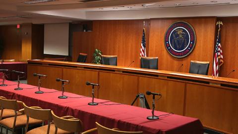 The hearing room at the Federal Communications Commission headquarters. Washington, DC. February 26, 2015.