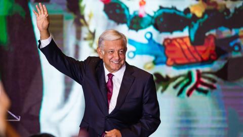 Andres Manuel Lopez Obrador salutes attendants after his victory in the elections for the Presidency of Mexico, July 1, 2018 