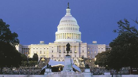 View of Capitol Building at sunset, seat of United States Congress, 1827, Washington DC, District of Columbia, United States of America, 19th century.